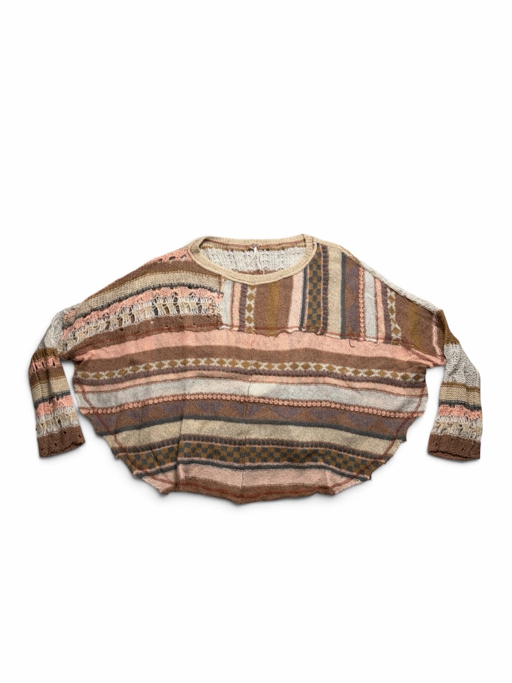 Free People Boho Geometric Striped Wool Alpaca Blend Oversized Sweater L NWOT